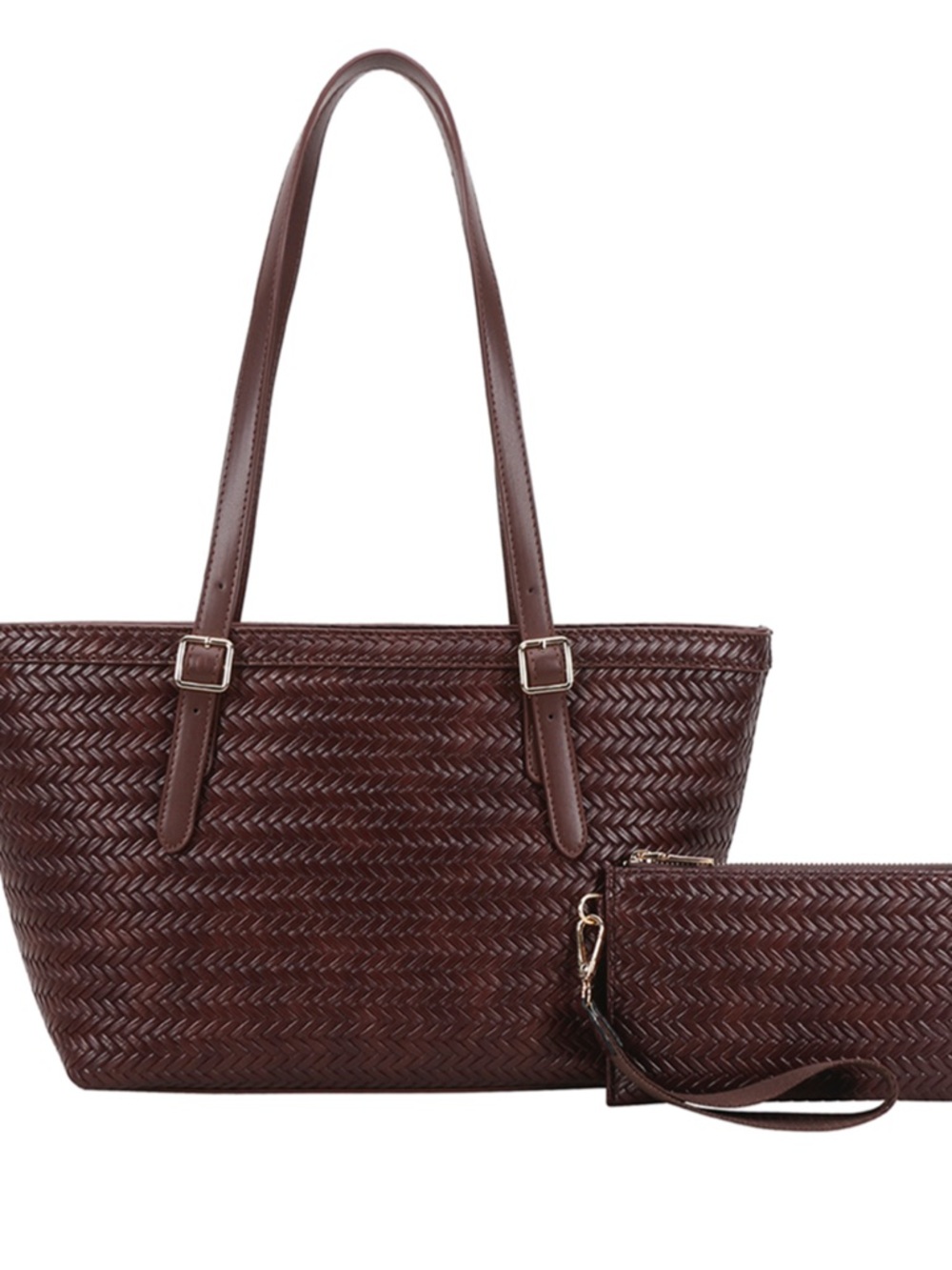 Woven Leather Tote Bag with Wristlet - Burnt Brown 2 in 1